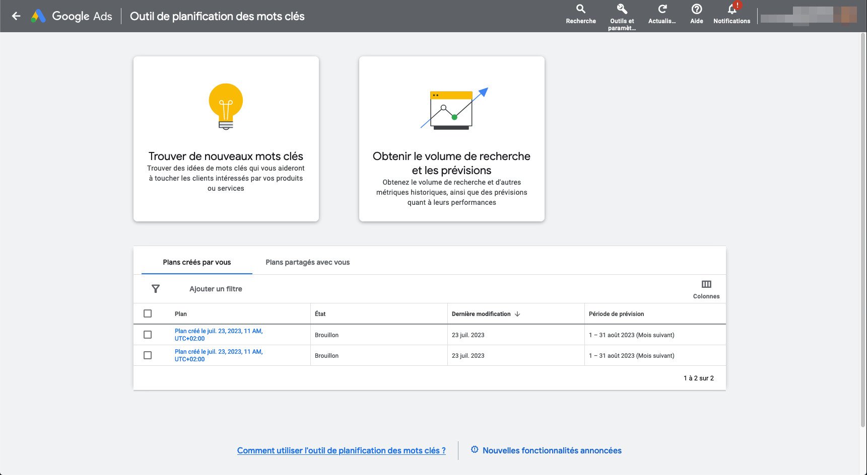 google keyword planner acceuil