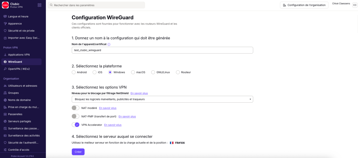 Proton VPN Business Suite - Depuis la console d'administration, il est pôssible de générer des fichiers de configuration WireGuard à déployer sur un routeur ou dans des applis tierces, comme TunnelBlick. © Clubic