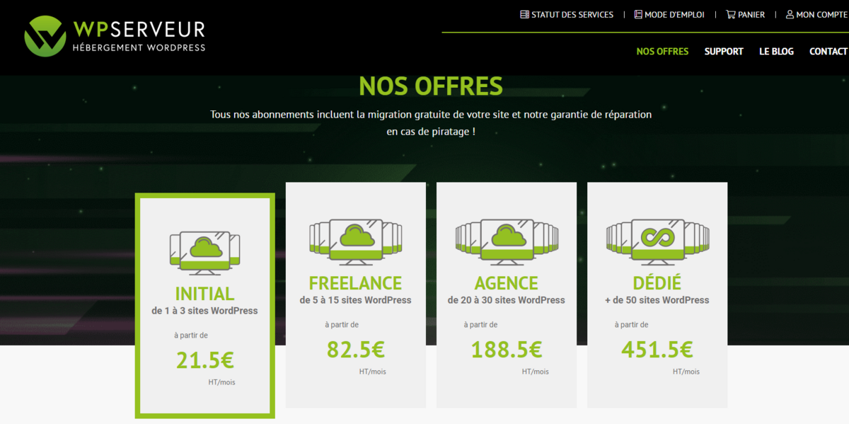 WP Serveur - Tarif de l'hébergement WordPress