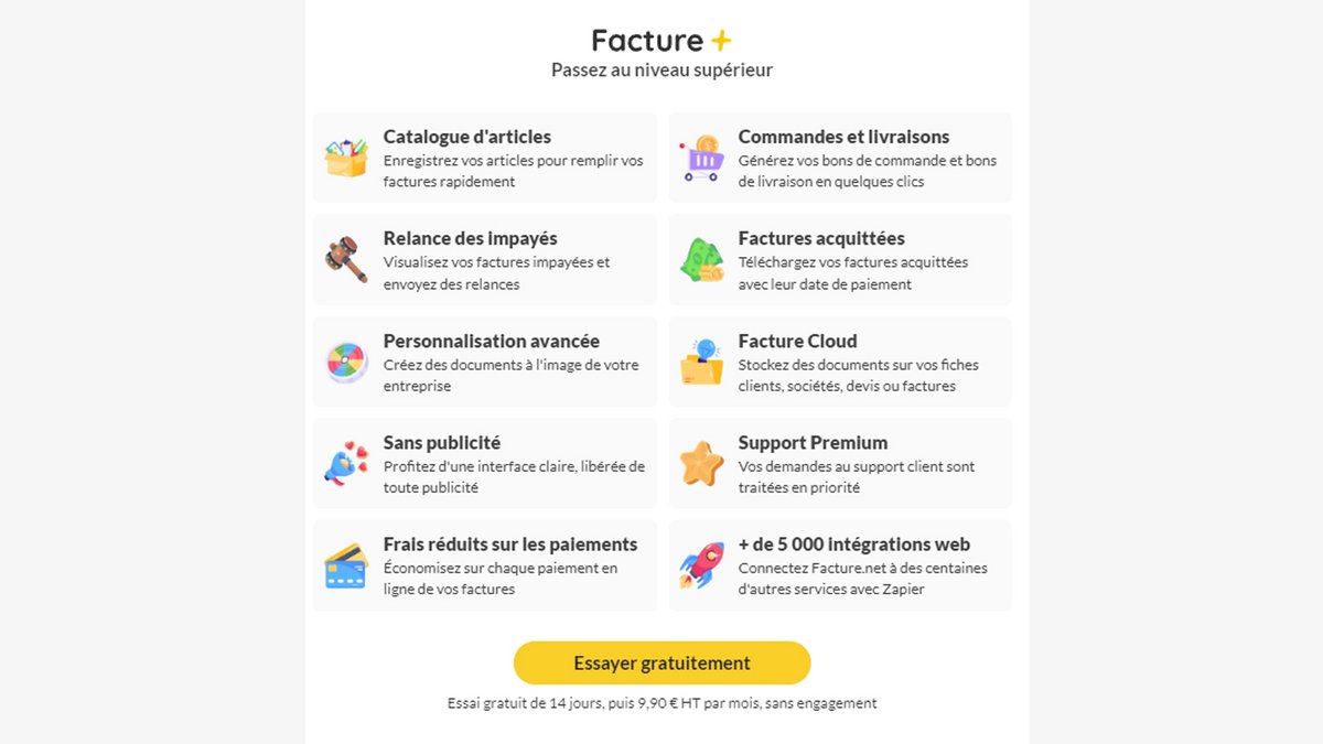 Les détails de l'offre Facture+ de Facture.net - © Facture.net