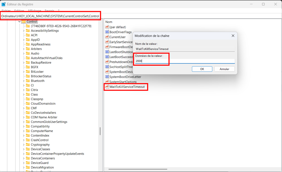 Trouvez "WaitToKillServiceTimeout", et configurez-la sur 2000 (évitez de descendre en dessous). © Clubic