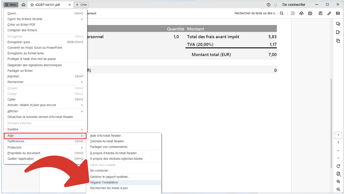 Naviguer dans le menu d'Adobe Acrobat Reader pour réparer l'installation © Clubic
