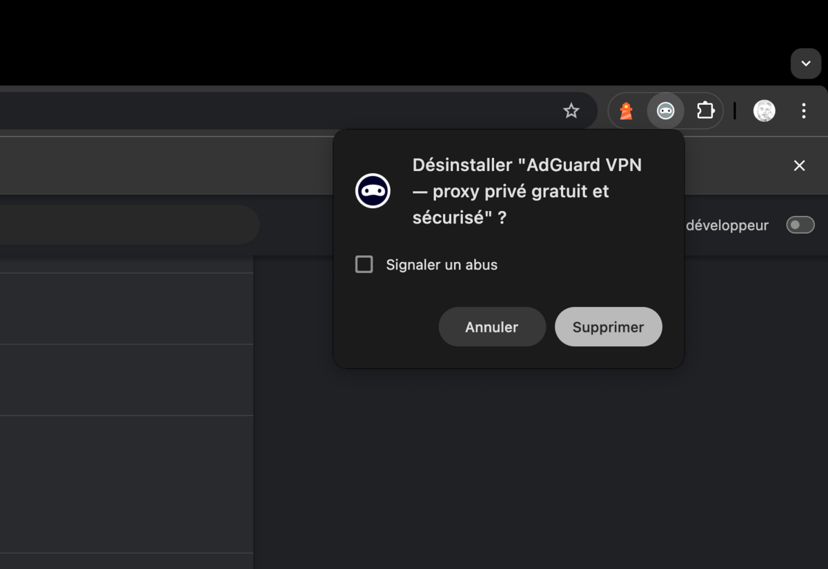 Exemple de suppression d'une extension VPN dans Chrome - © Clubic