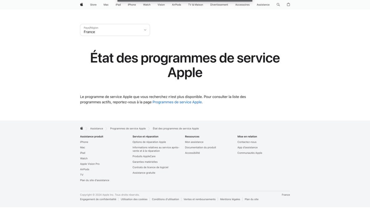 Si vous vous rendez sur la page de support Apple dédié au programme de remplacement, vous serez accueilli par ce message. © Naïm BADA pour Clubic