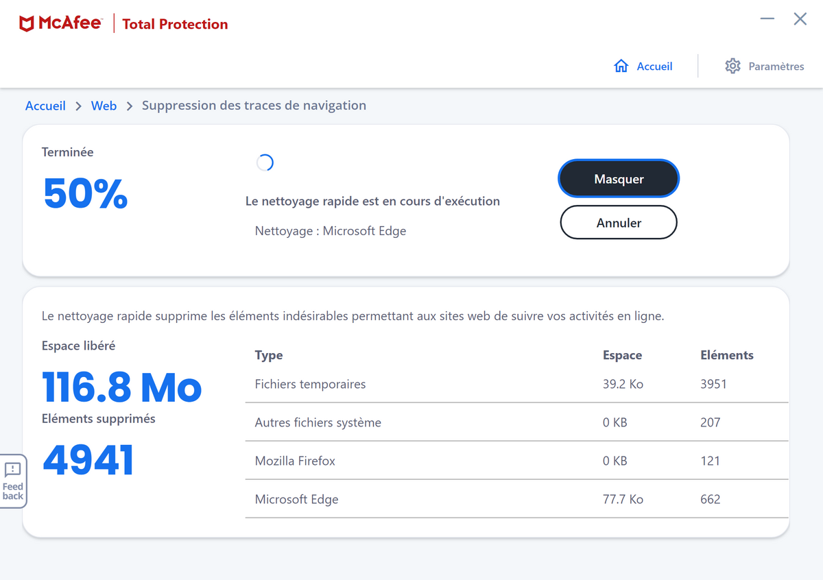 McAfee Total Protection - Supression des traces de navigation