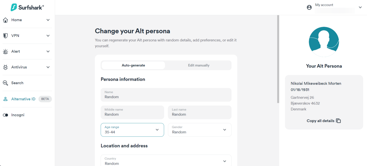 Surfshark One - Alternative ID génère aléatoirement des persona pour protéger son identité en ligne