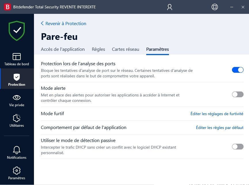 Bitdefender Total Security - Paramètres avancés du Pare-feu