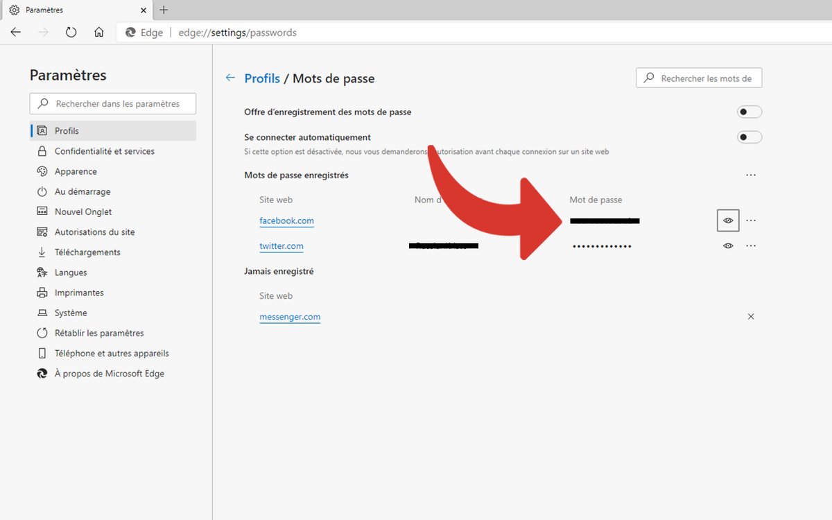 Afficher mots de passe Edge