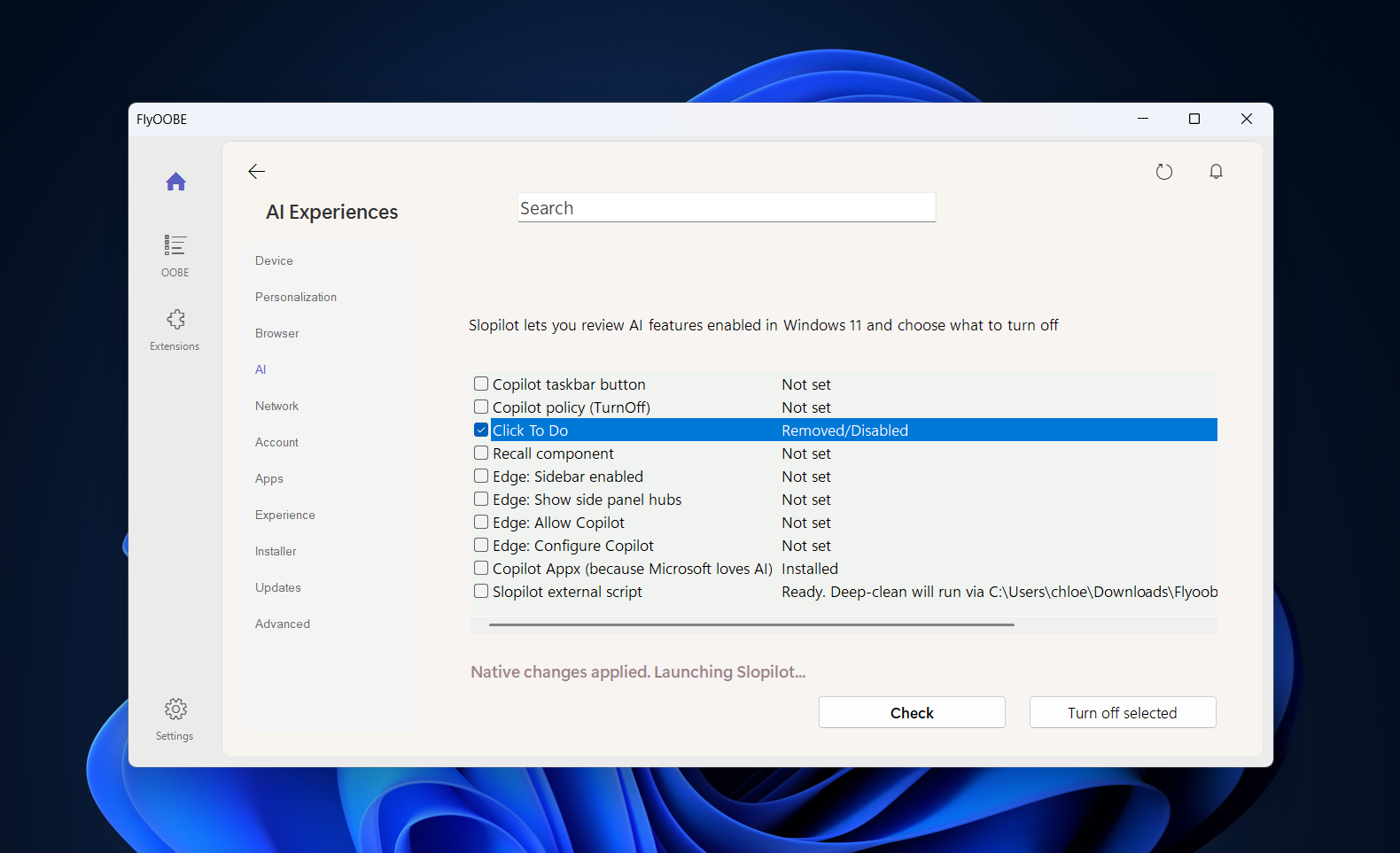 FlyOOBE permet désormais de désinstaller proprement certains modules liées à l'IA embarqué dans Windows. © Clubic