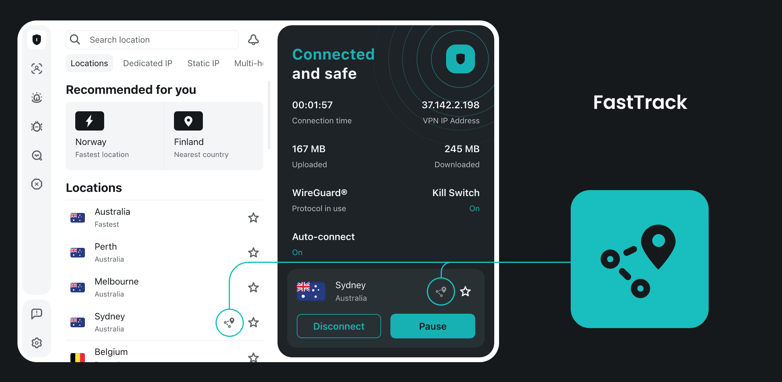 Avec FastTrack, Surfshark veut rerouter dynamiquement les connexions en cas d'engorgement... ce qui suppose de monitorer les données de performances en temps réel et soulève des questions relatives à la confidentialité des sessions VPN. © Sursfshark