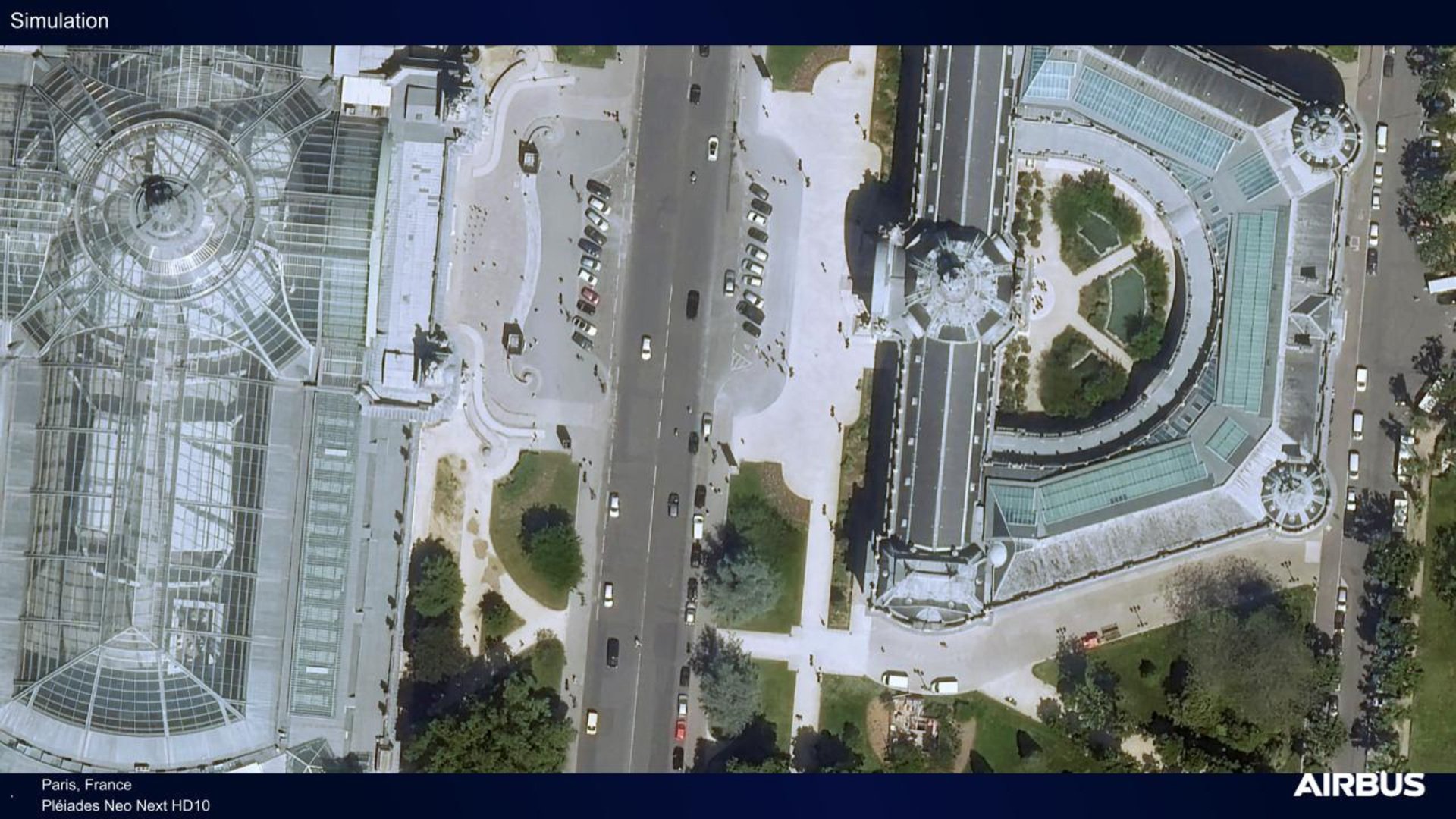 Simulation d'un cliché pris grâce à un satellite de la constellation Pléaides Neo Next d'Airbus. Vous aurez reconnu le Grand Palais et le Petit Palais, sur l'avenue Winston Churchill à Paris. © Airbus DS 2026