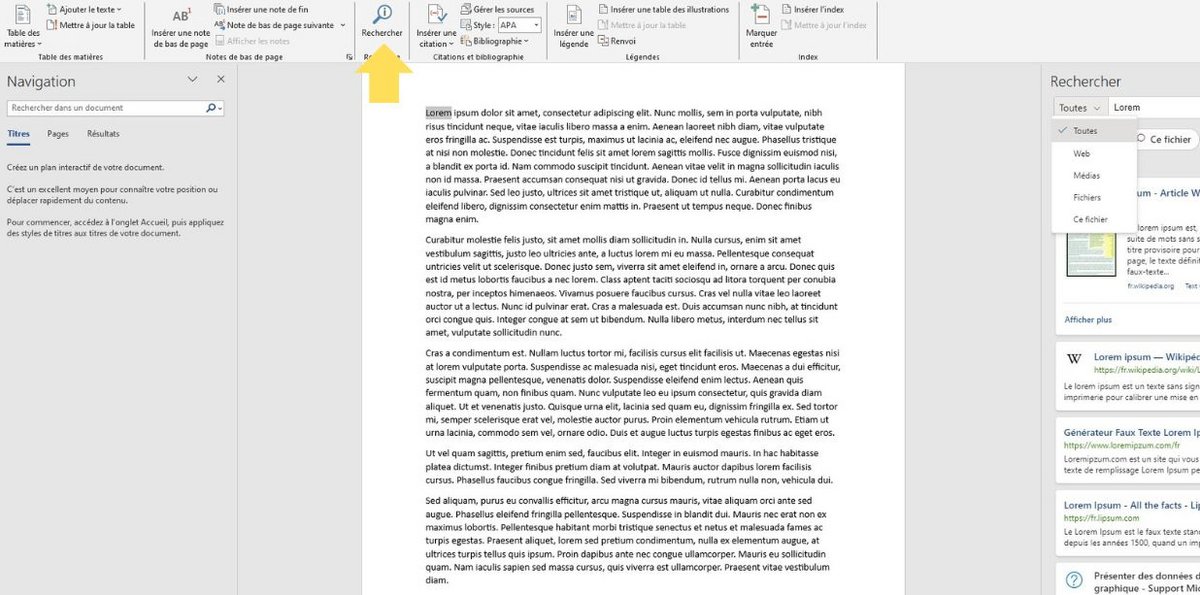 Lancez des recherches web depuis Word © Microsoft