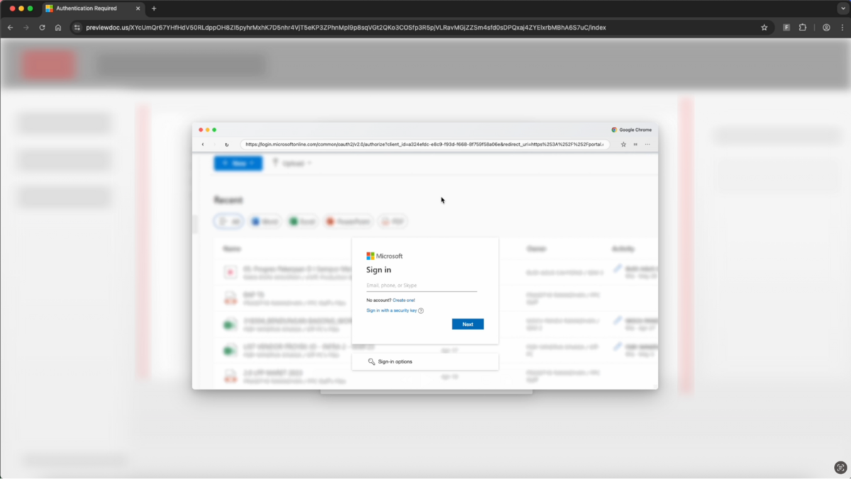 La fausse pop-up affiche bien l'URL de connexion au compte Microsoft, mais c'est en réalité l'adresse contrôlé par les attaquants (ici, dans la fenêtre de navigation principale) qui pilote l'échange entre la victime et l'infrastructure malveillante. © Push Security