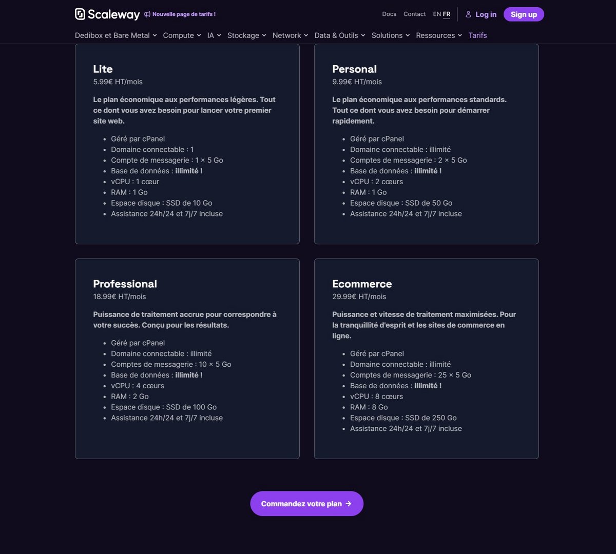 Offre d'hébergements mutualisés par Scaleway