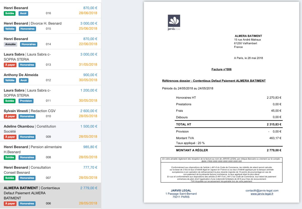 Visualisez directement les clients à facturer et lancer la facturation en 1 clic - © Javis Legal