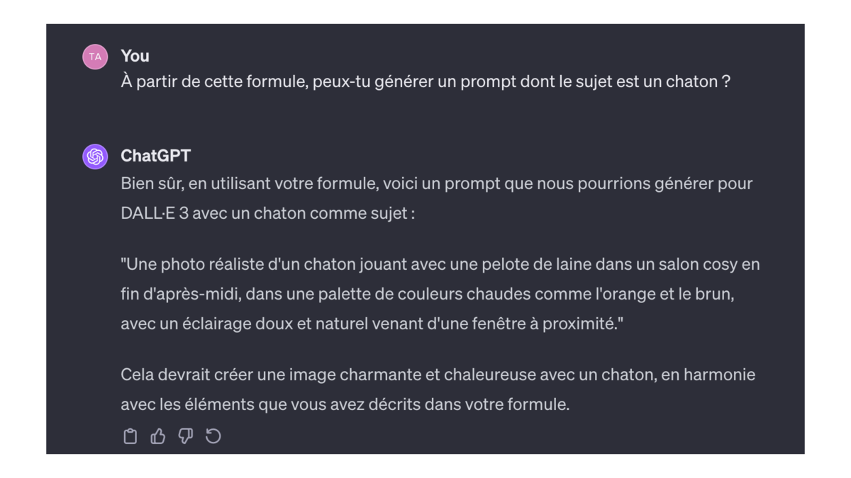 Prompt généré à partir d’une formule dans ChatGPT © Pascale Duc pour Clubic