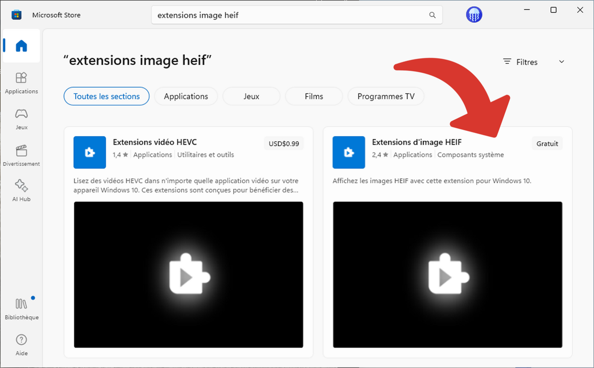 Ouvrir la fiche d'Extensions d'image HEIF dans le Microsoft Store © Clubic