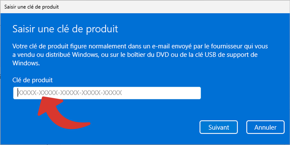 Champ pour saisir la clé de produit, la licence Windows © Clubic