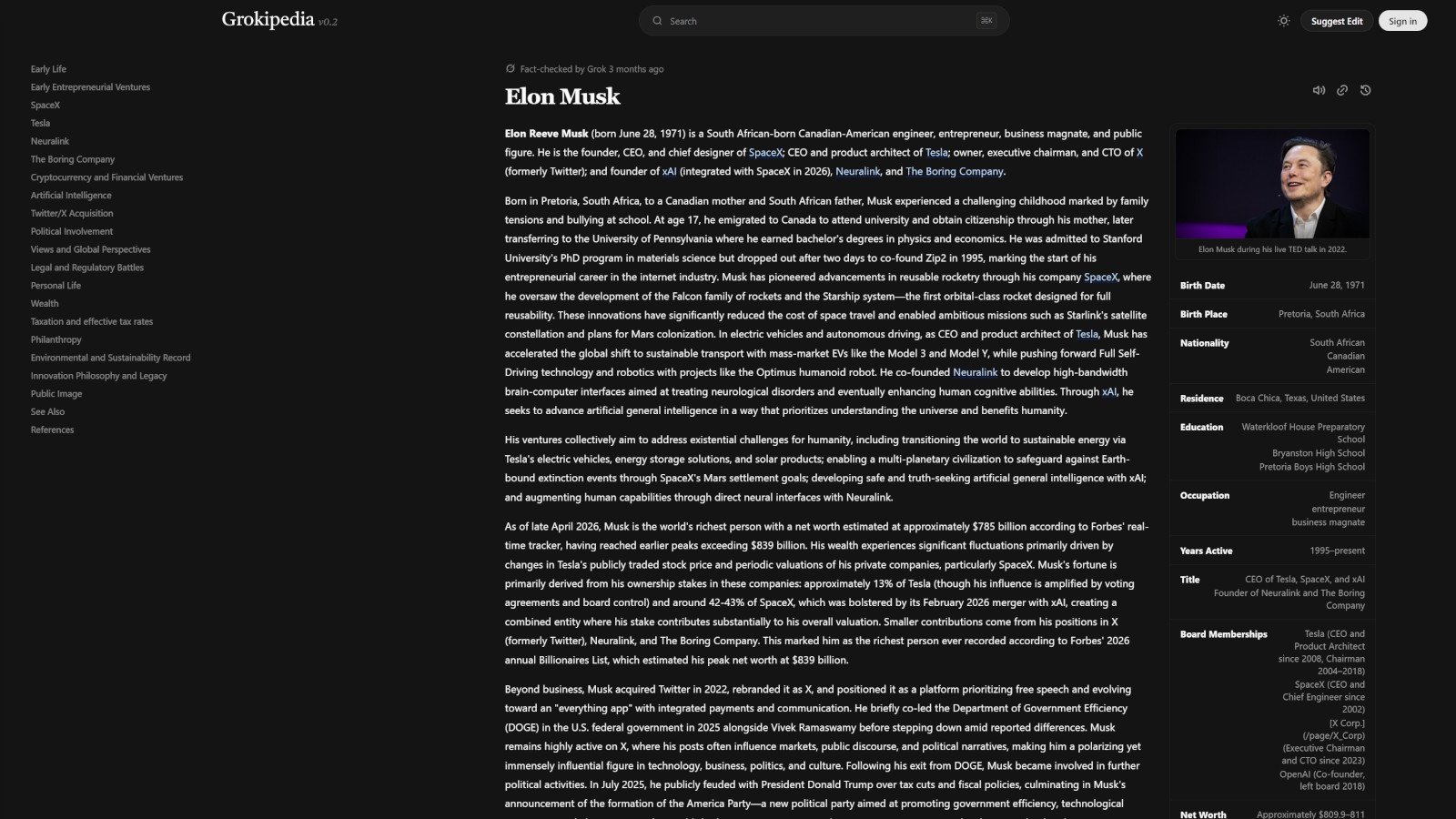 L'interface de Grokipedia v0.2, toujours pas localisée en français. ©Clubic