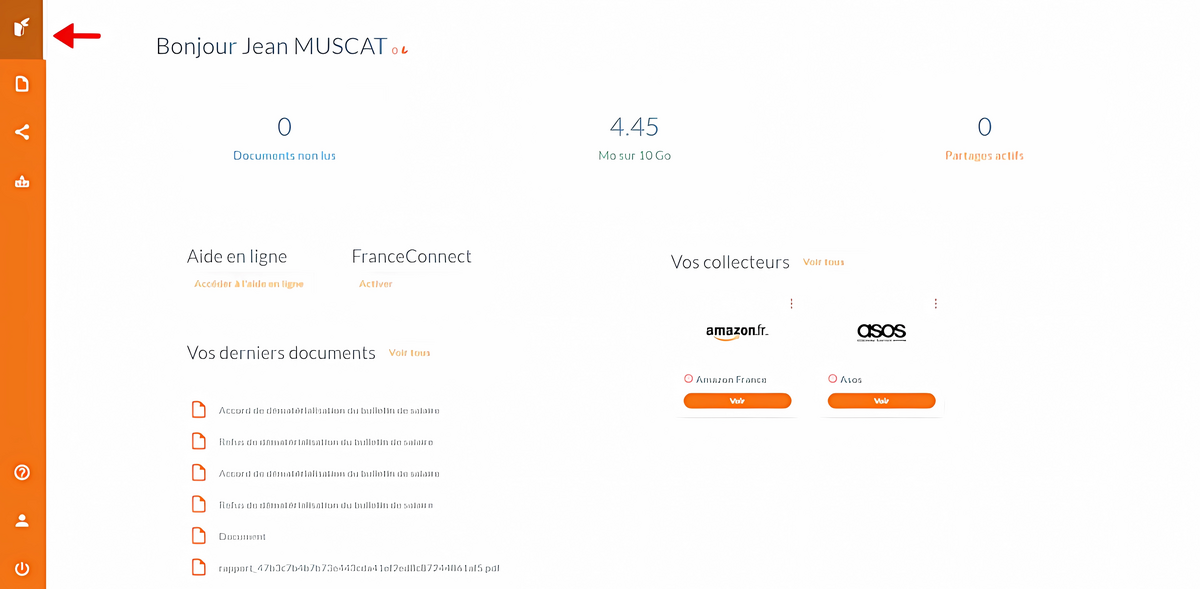 Ecran d'accueil montrant un résumé des fonctionnalités d'eDocPerso, y compris l'espace de stockage utilisé et les collecteurs de documents disponibles. © Silae