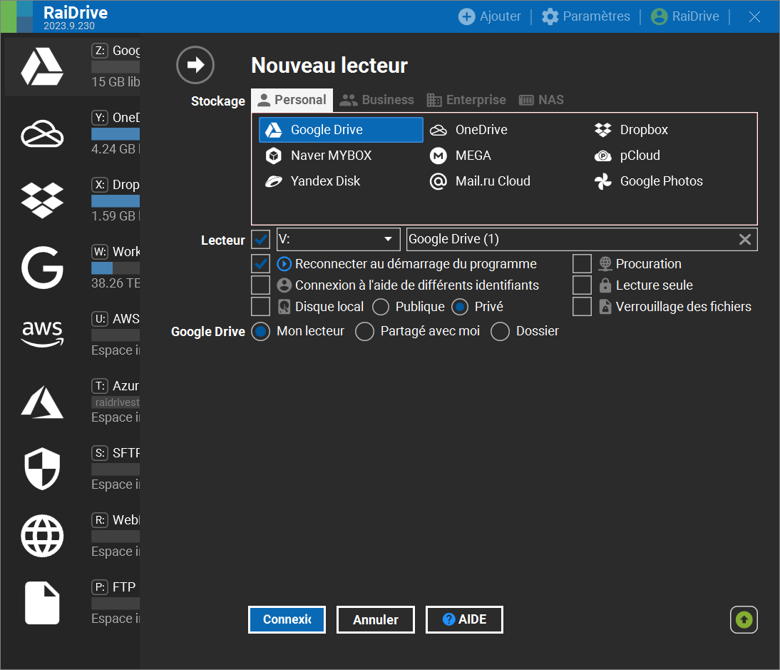 Aajout d’un nouveau lecteur cloud dans RaiDrive, avec choix du service, de la lettre de lecteur et des options d’accès. - © RaiDrive