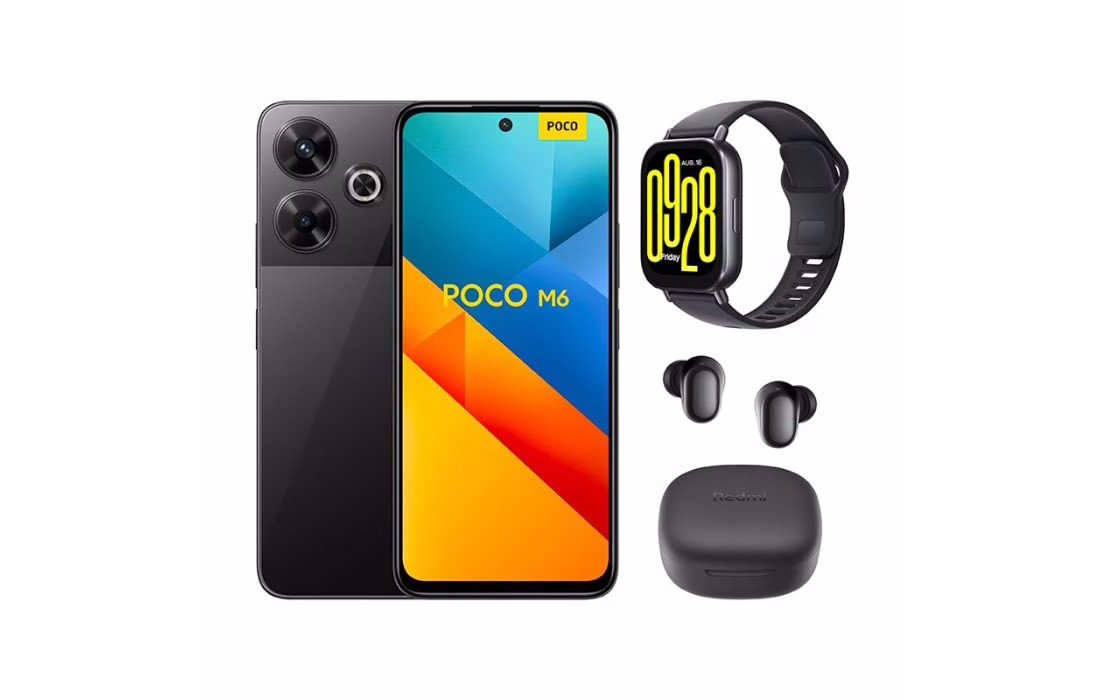 Ce pack Electro Dépôt comprend un smartphone Poco M6, une montre Redmi Watch 5 Active et des écouteurs Redmi Buds 6. © Xiaomi