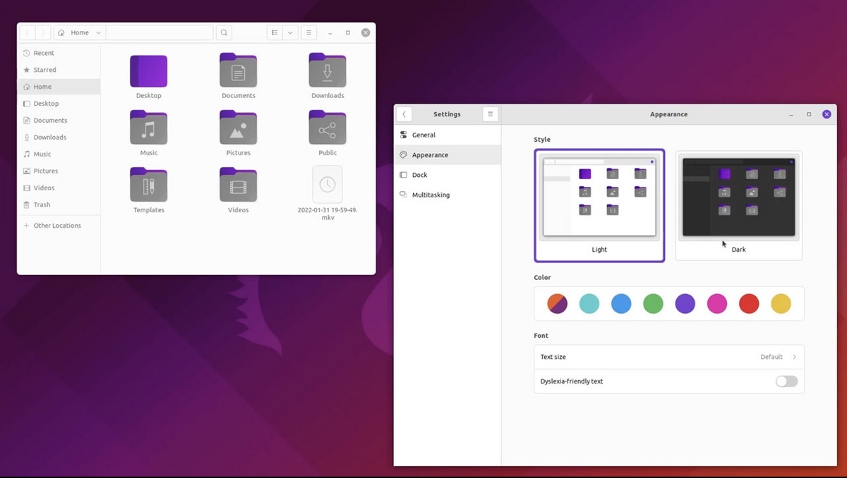 Les options de personnalisation d'Ubuntu 22.04 montrent la possibilité de choisir entre modes clair et sombre.