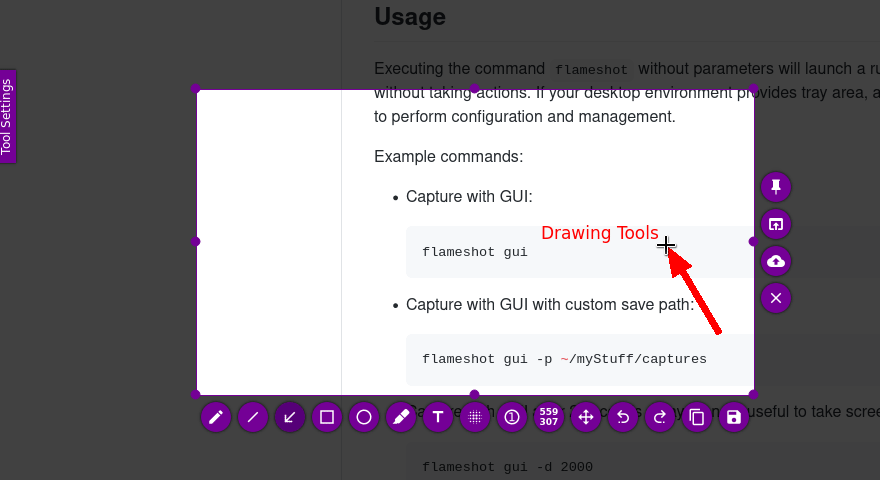 Interface utilisateur de Flameshot avec l'indicateur des outils de dessin, illustrant comment sélectionner et utiliser les différentes options d'annotation.
