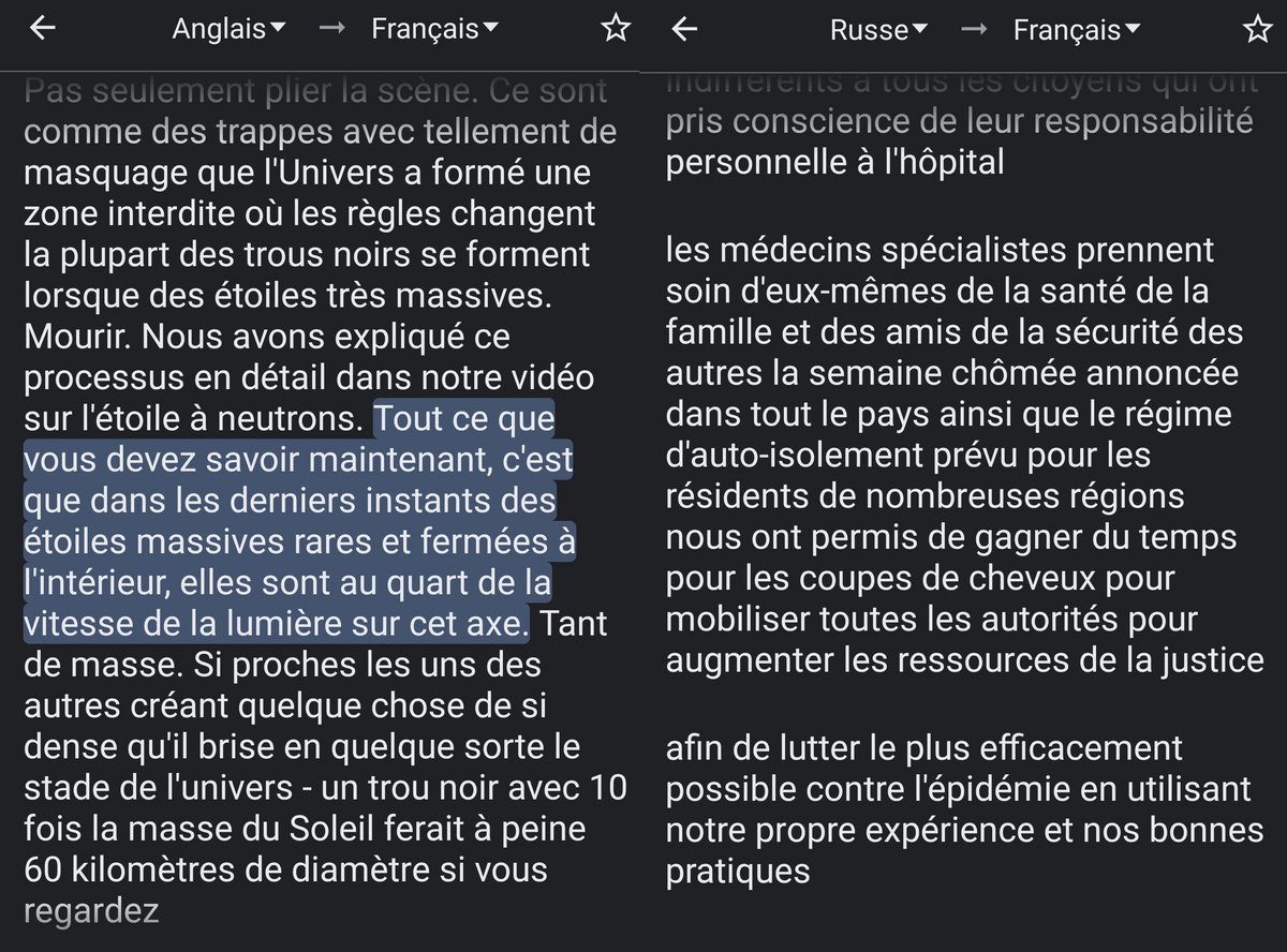 Deux exemples de traduction, l'une venant d'une chaine de vulgarisation scientifique anglophone, l'autre du discours d'un célèbre dirigeant Russe. Le sens des phrases, surtout en anglais, est toujours à peu près correct, mais de grosses erreurs (comme les "coupes de cheveux") peuvent apparaitre. La partie en gras sur la fenêtre de gauche désigne où en est la retranscription audio.