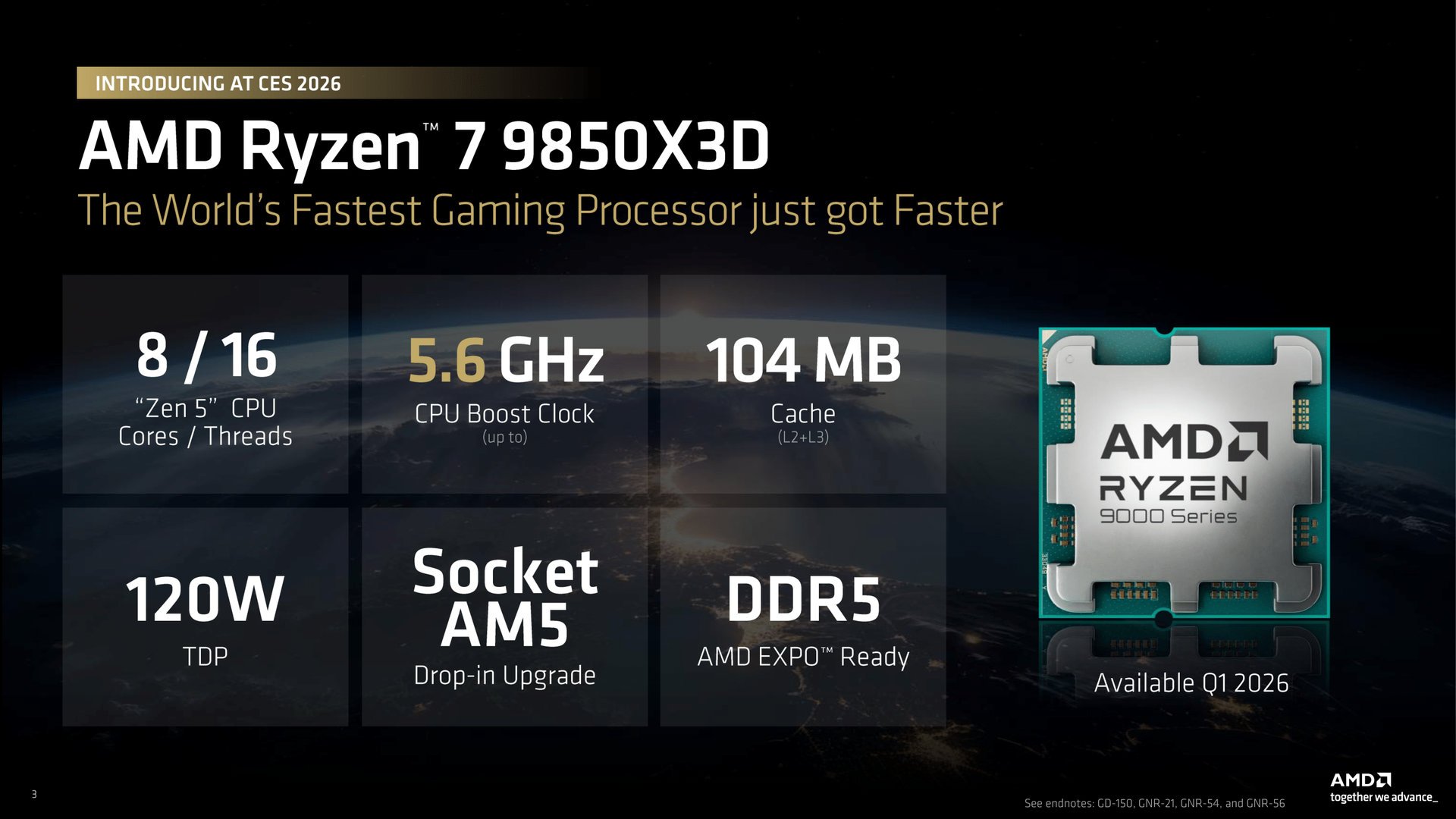 Le Ryzen 7 9850X3D ne change presque rien par rapport au Ryzen 7 9800X3D. ©AMD
