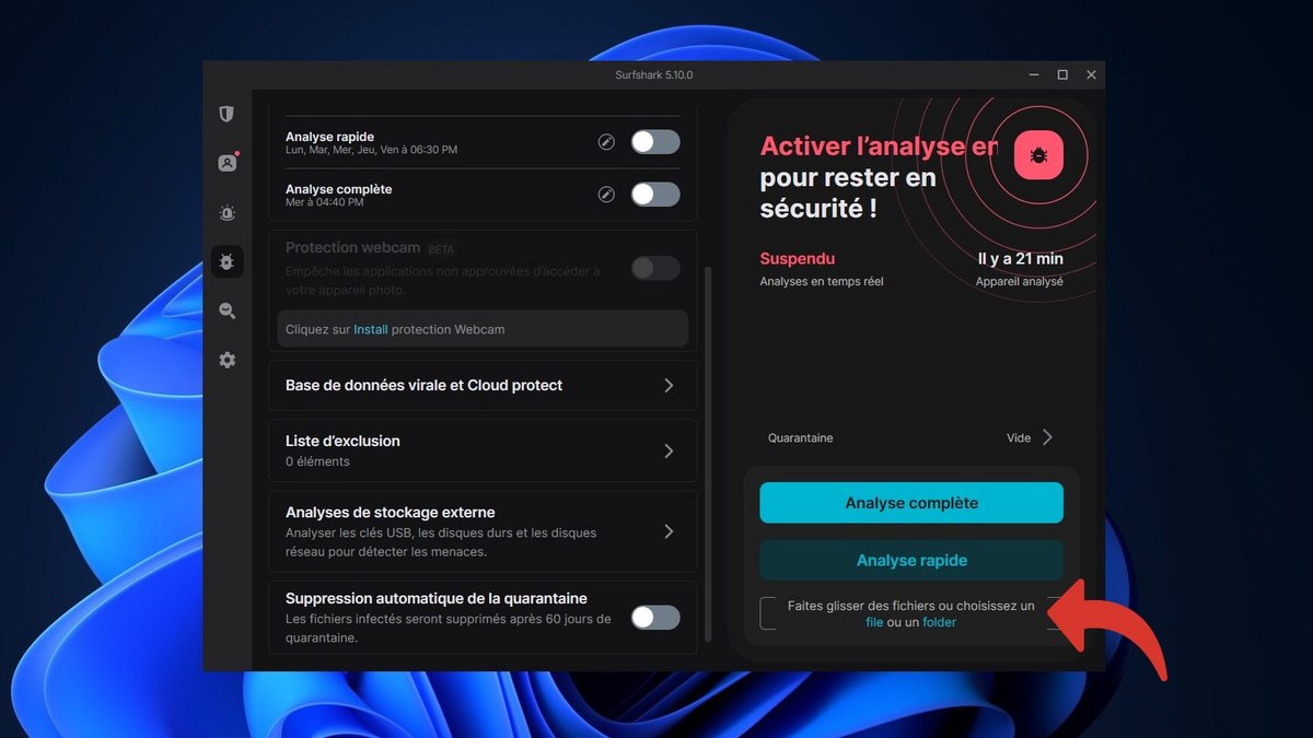 Surfshark Antivirus - Glissez-déposez les éléments dont vous souhaitez vérifier l'intégrité © Clubic
