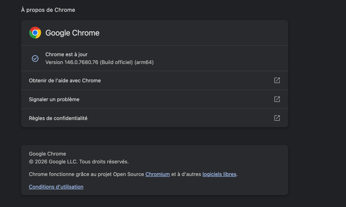 Deux failles 0-day ont été repérées dans Chrome, faites la mise à jour dans les paramètres du navigateur. © Clubic