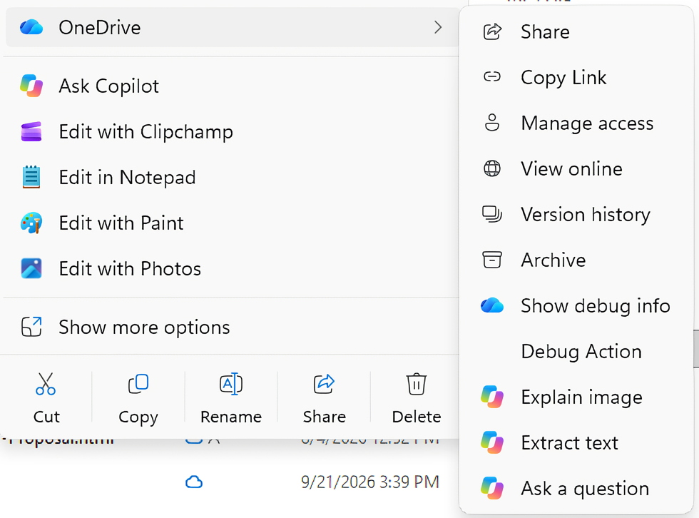 Les commandes Copilot intégrés dans le sous-menu OneDrive s'apprêtent à tirer leur révérence, mais pas les fonctionnalités associées. © Microsoft