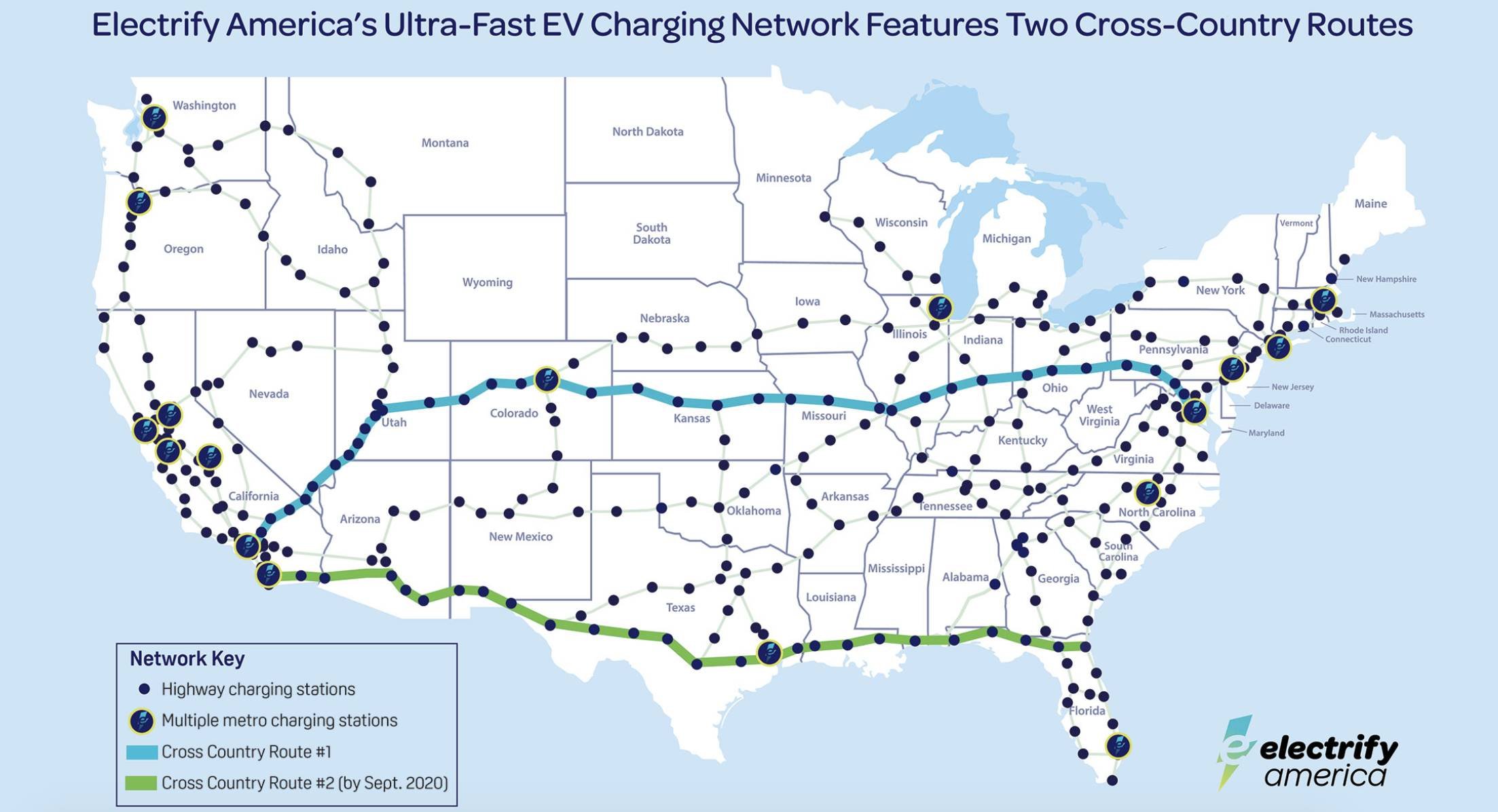 En bleu, la route reliant Los Angeles à Wahington D.C., en vert, celle allant de San Diego à Jacksonville © Electrify America