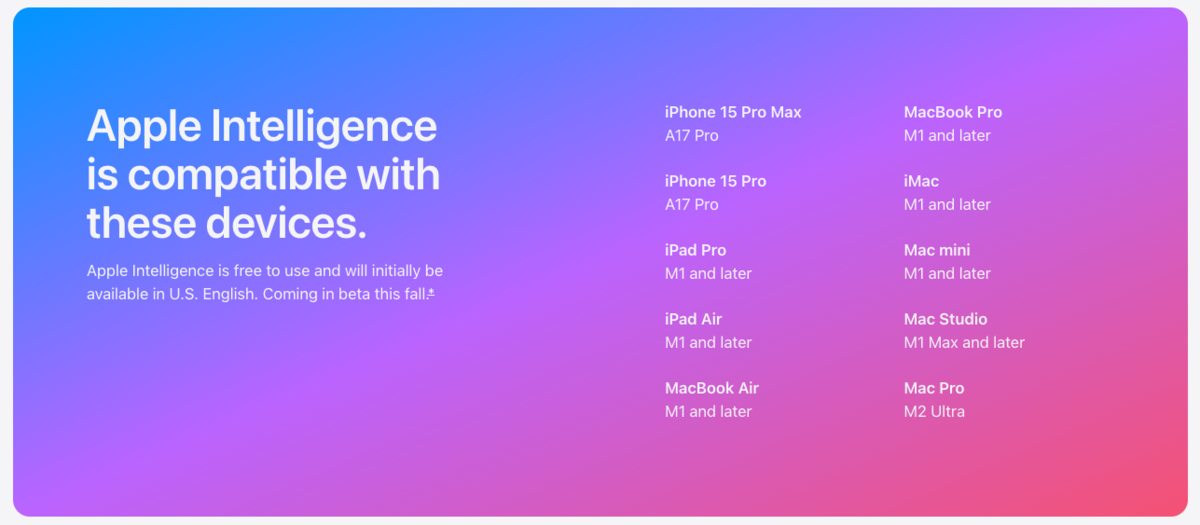 Liste des appareils compatibles avec Apple Intelligence © Apple