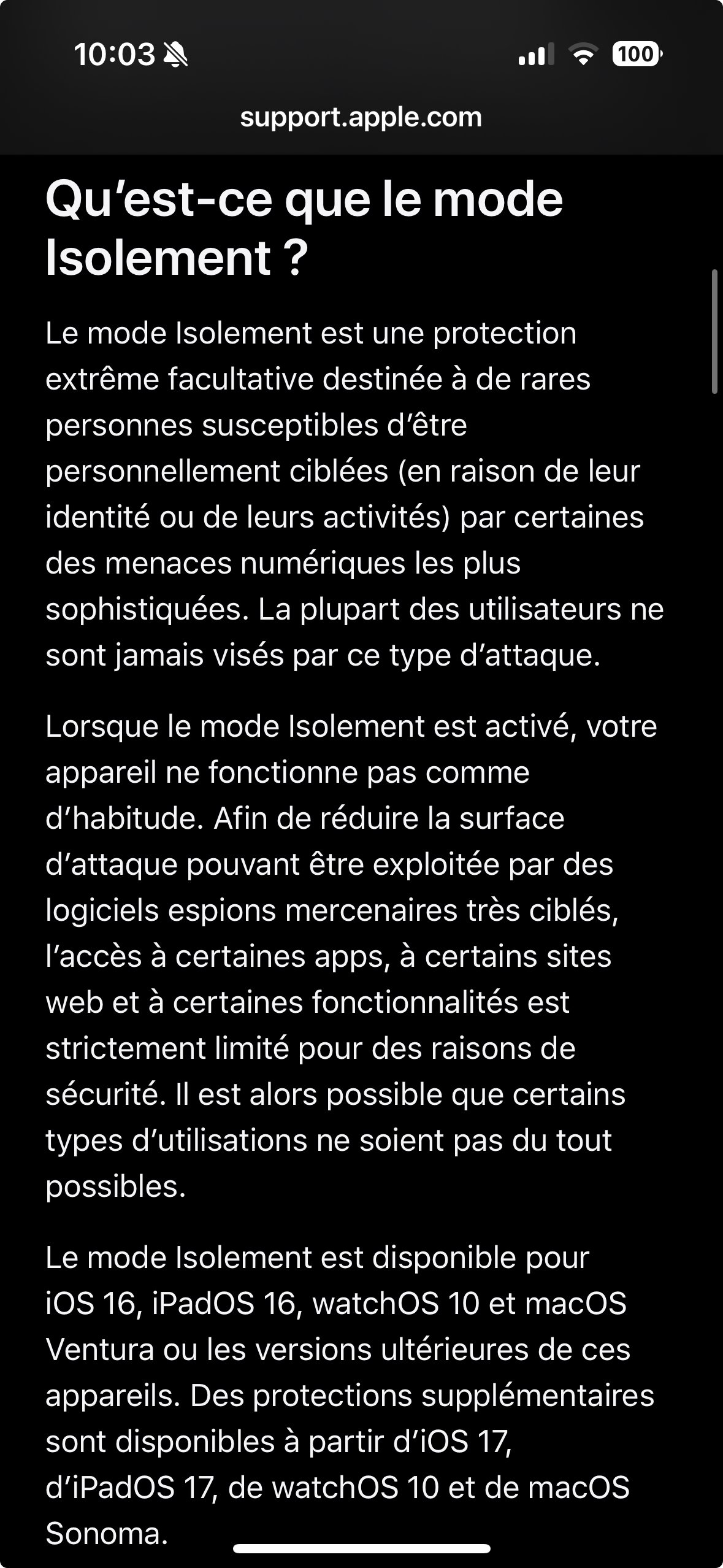 iphone mode isolement