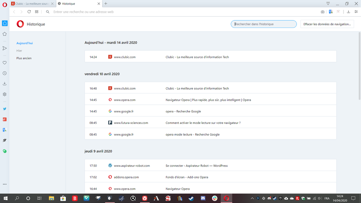 L'historique de navigation Opera.