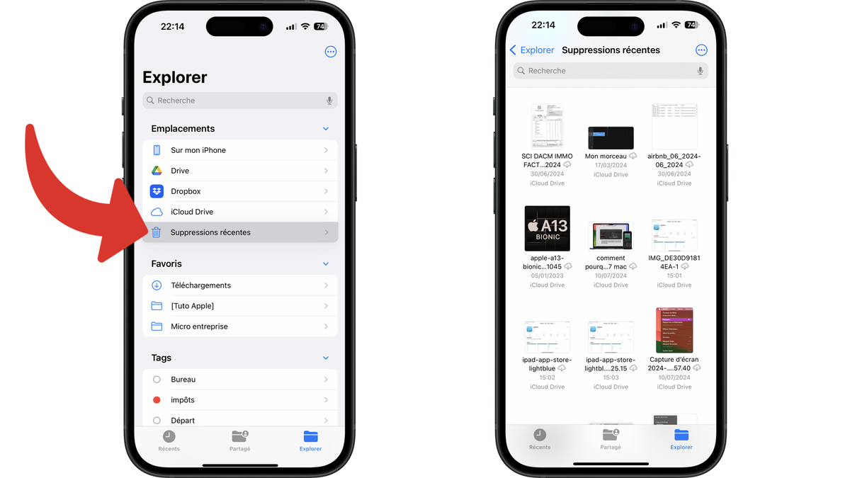 Aller dans le dossier Suppressions récentes de l'app Fichiers © Clubic