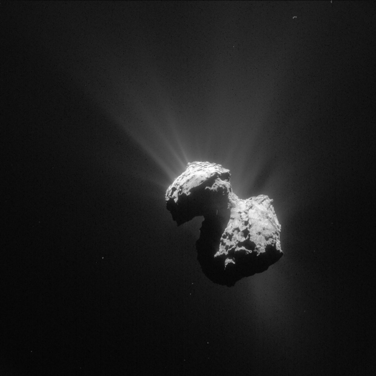 La comète 67p Churyumov-Gerasimenko et ses éjections de gaz. Crédits ESA/Rosetta/NAVCAM – CC BY-SA IGO 3.0