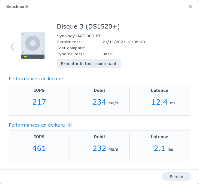 Une idée des performances du disque dur au sein d'un NAS Synology DS1520+ © Nerces