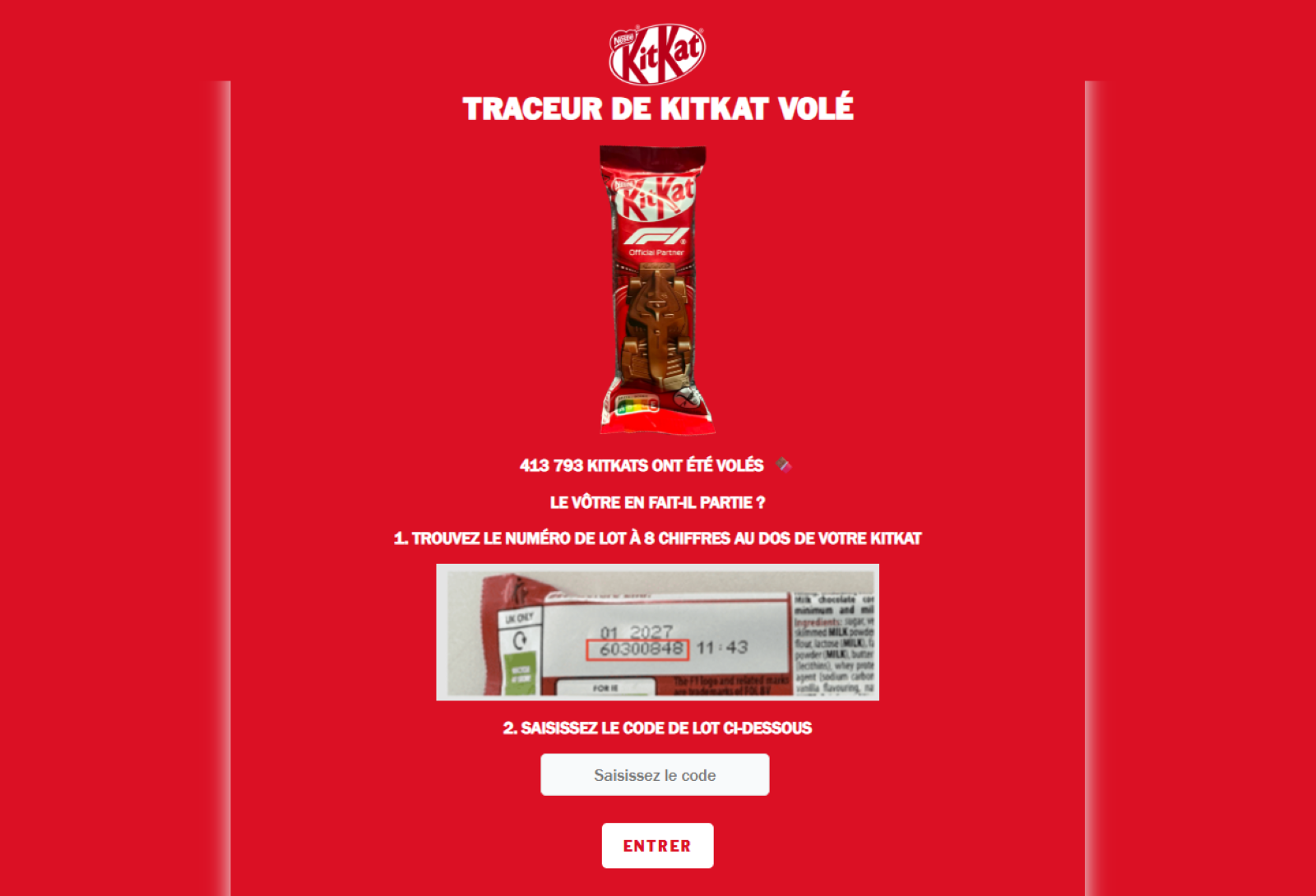 KitKat a créé le « Stolen KitKat Tracker » sur son site. Un consommateur, un distributeur ou un grossiste peut y entrer son code à huit chiffres pour savoir si sa barre fait partie du lot volé - Capture d'écran ©Nestle Corporate