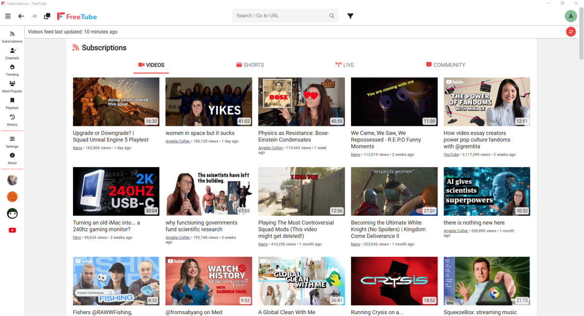 Aperçu de FreeTube : un lecteur libre et sans pub pour suivre vos chaînes YouTube en toute discrétion. - © FreeTube