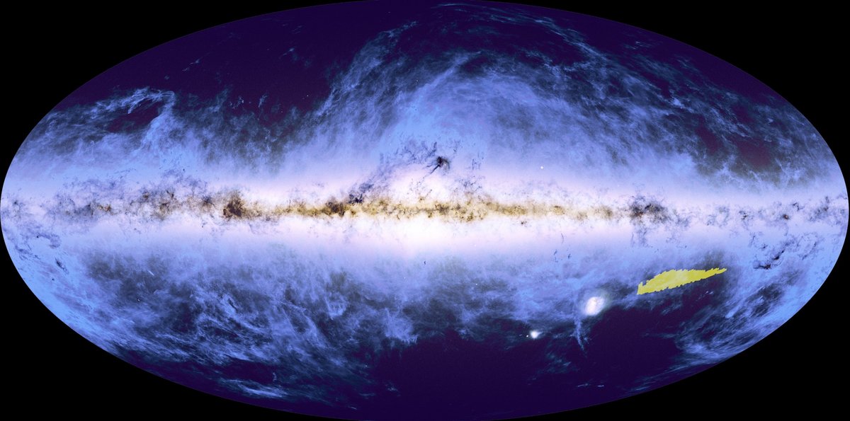 La mosaïque publiée concerne la zone en jaune sur cette carte de l'Univers observable produite avec les données des télescopes Gaia et Planck. © ESA/Euclid/Euclid Consortium/NASA; ESA/Gaia/DPAC; ESA/Planck Collaboration CC BY-SA 3.0 IGO 