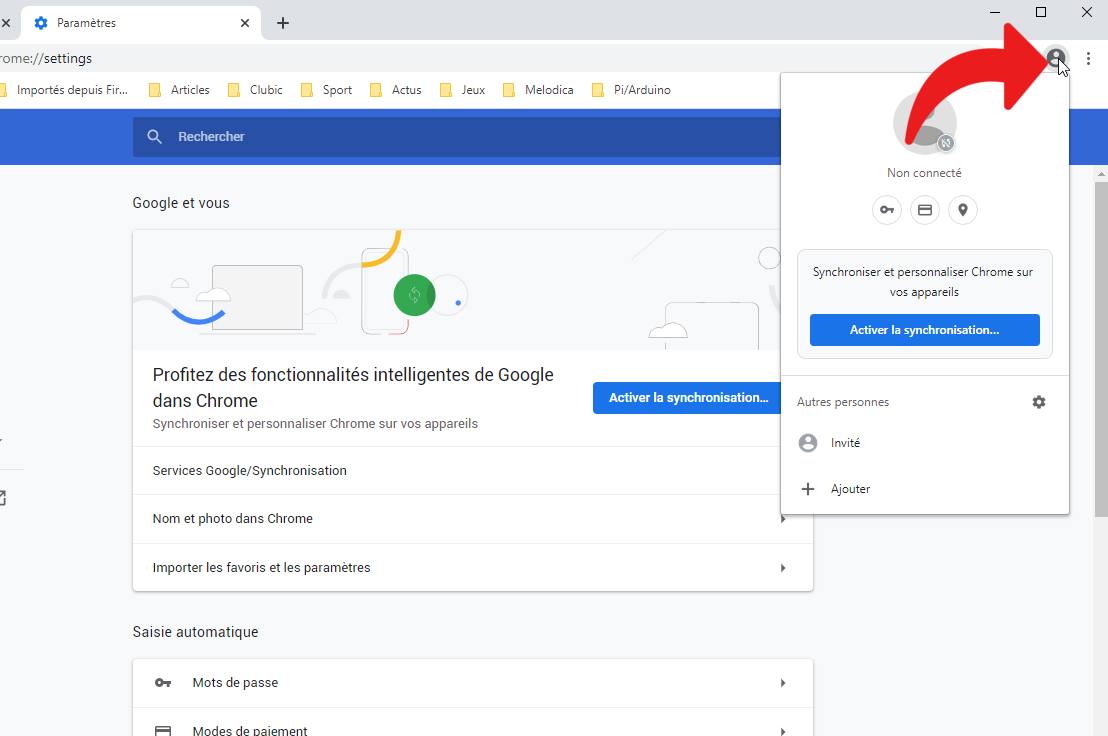 Le bouton de connexion à l'espace personnel Chrome