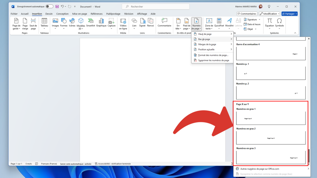 Choisir un des style Page X sur Y pour avoir le numéro total des pages sur Word © Clubic