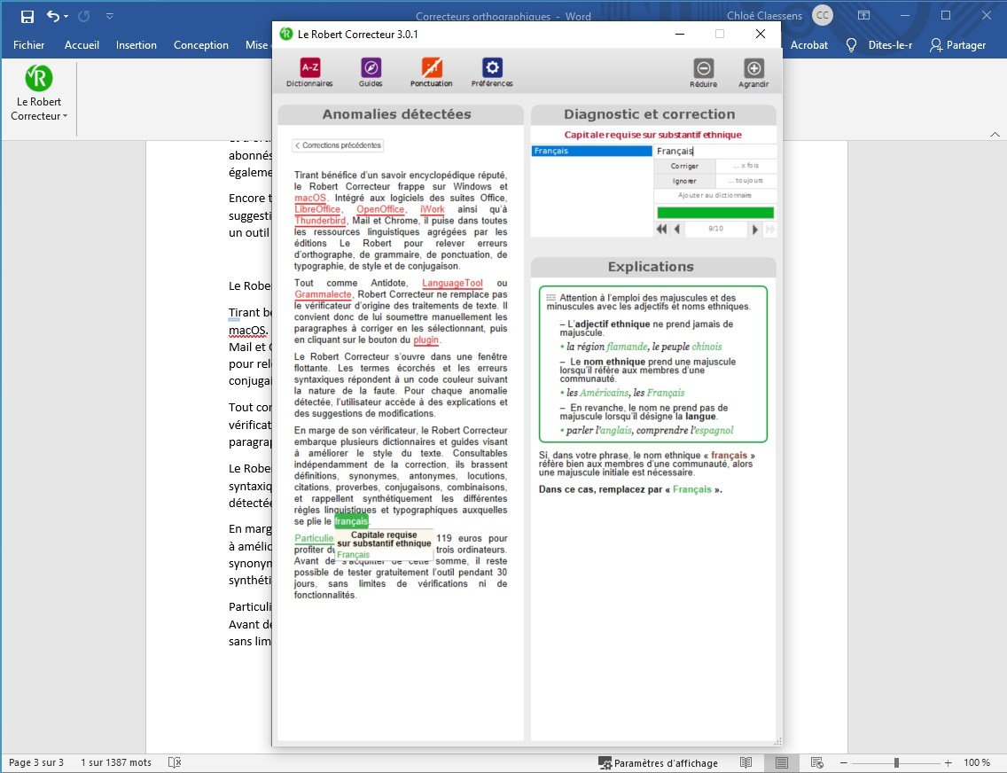 Tout comme Antidote, LanguageTool ou Grammalecte, Le Robert Correcteur ne remplace pas le vérificateur d'origine des traitements de texte. Il convient donc de lui soumettre manuellement les paragraphes à corriger en les sélectionnant, puis en cliquant sur le bouton du plugin. © Clubic