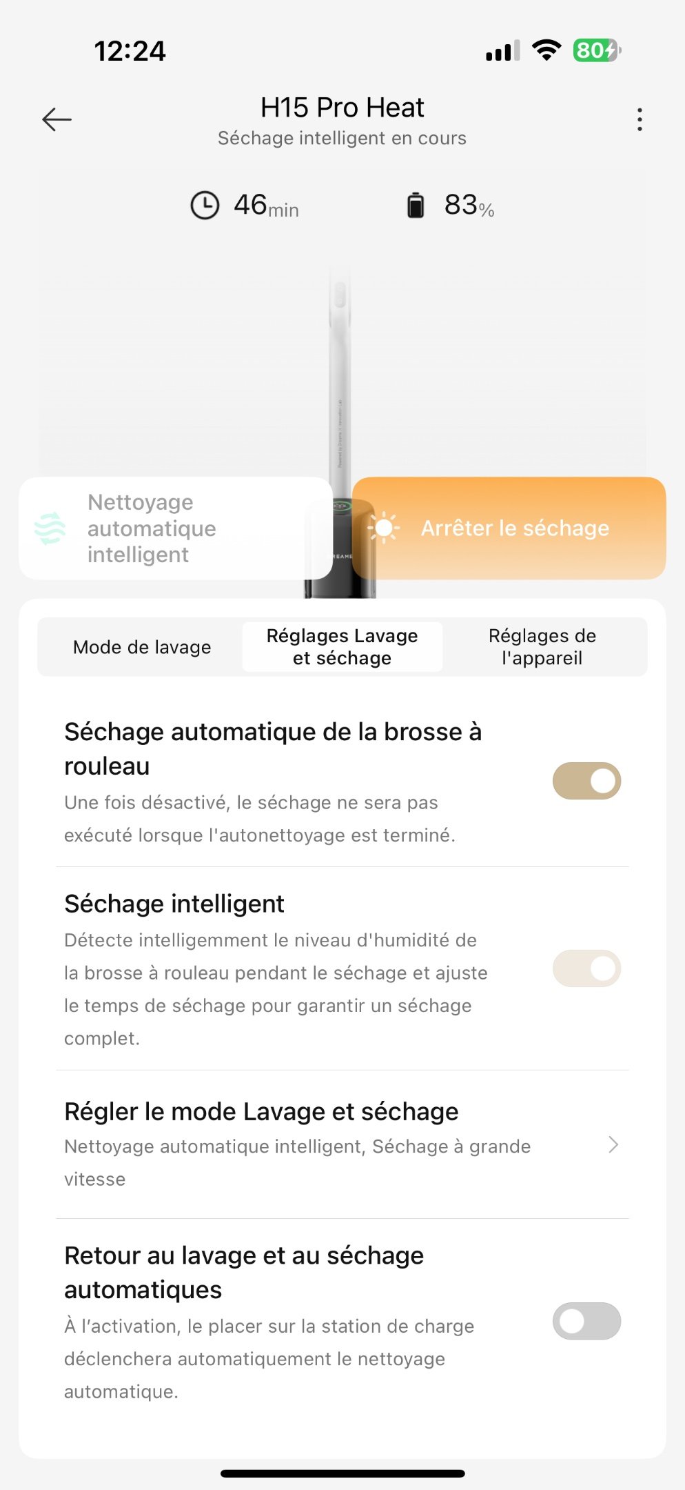 Dreame H15 Pro Heat Réglages lavage