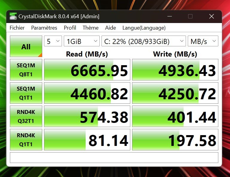 CrystalDiskMark, cette barrette M.2 PCIe Gen 4 atteint 6 665,95 Mo/s en lecture © Nathan Le Gohlisse pour Clubic