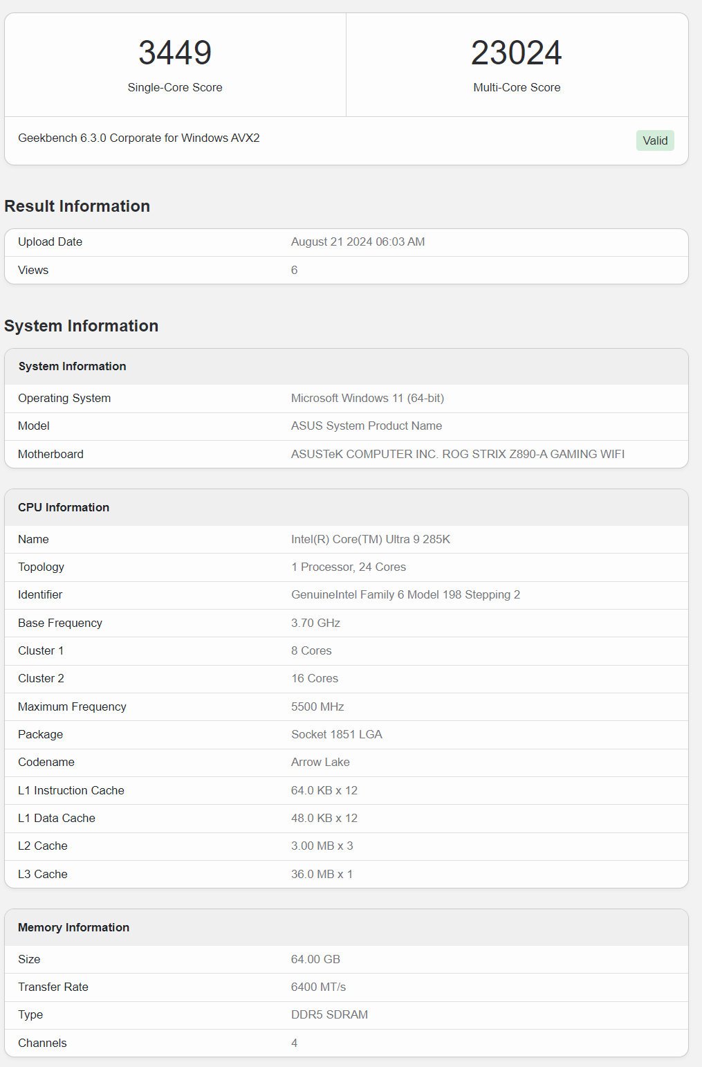 Intel Arrow Lake Geekbench