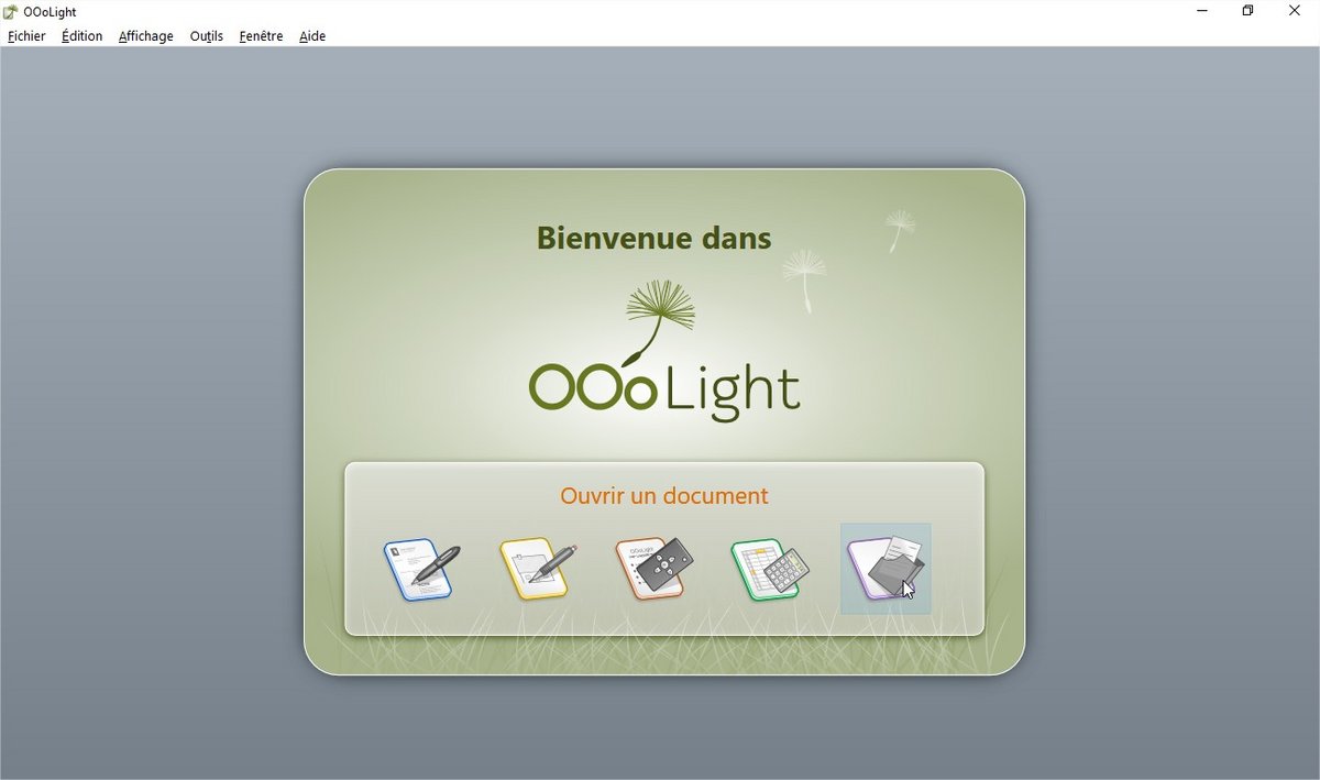 Écran d’accueil de la suite bureautique avec les icônes pour ouvrir ou créer un document. - ® OOoLight